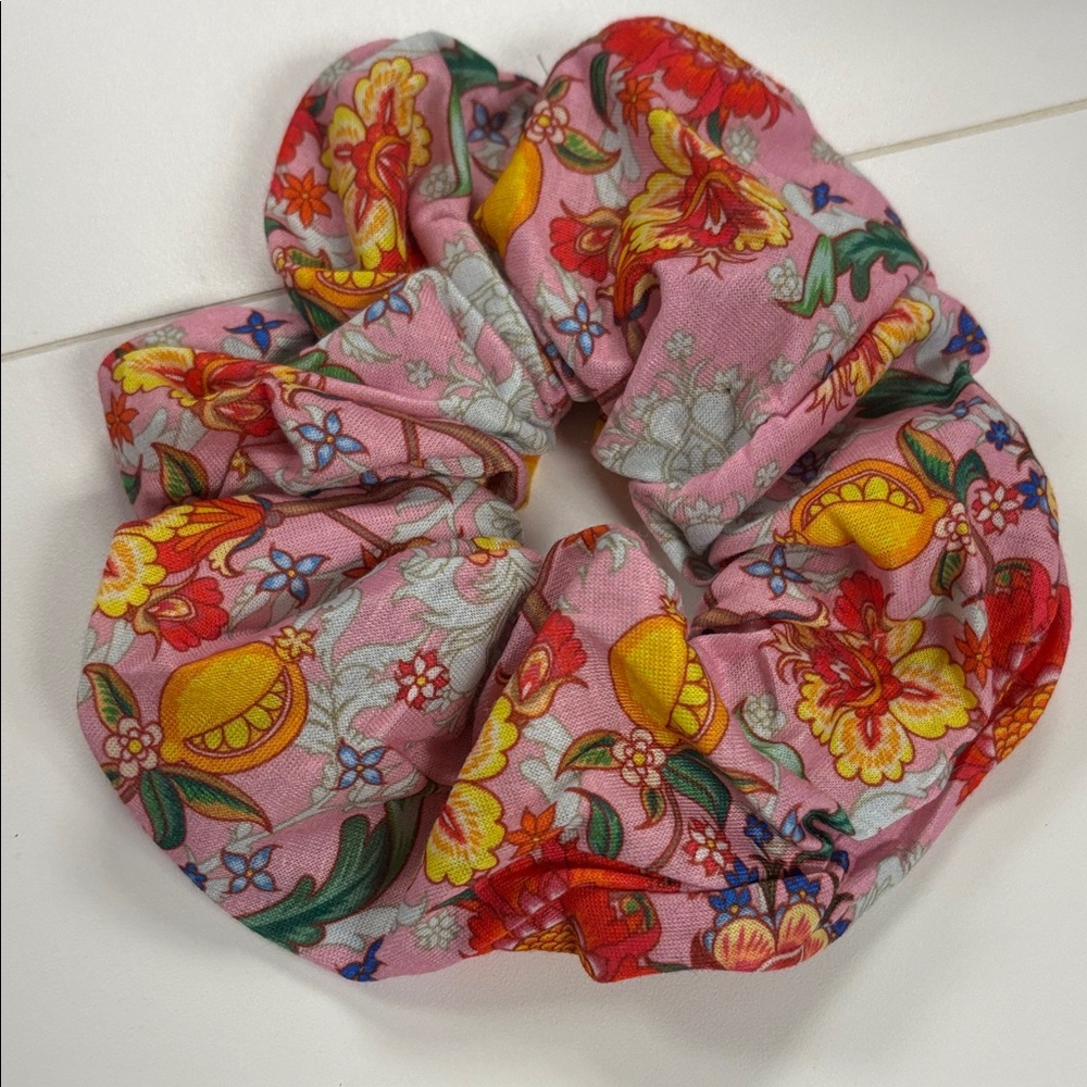 Pink Floral Cotton Scrunchie with Yellow Accents
